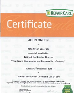 Scan of Window Care Repair Certificate 2015